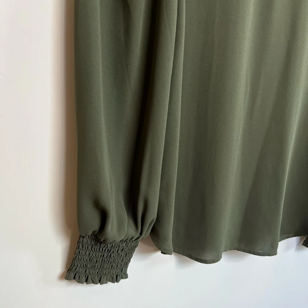LOFT Ruffle-Neck Blouse in Olive Green with Tie Back and Smoked Sleeve Size S - Picture 6 of 16